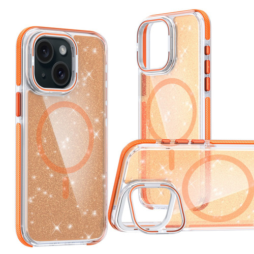 iPhone 14 Plus Two-color Glitter Powder Lens Holder Magsafe Phone Case - Orange