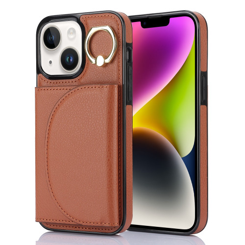 iPhone 14 Plus YM007 Ring Holder Card Bag Skin Feel Phone Case - Brown