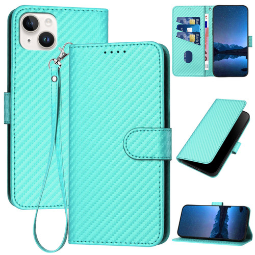 iPhone 14 Plus YX0070 Carbon Fiber Buckle Leather Phone Case with Lanyard - Light Blue