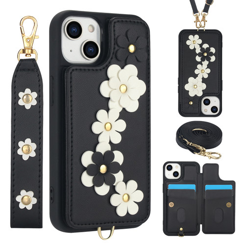 iPhone 15 Plus / 14 Plus Crossbody Flower Pattern Leather Phone Case - Black