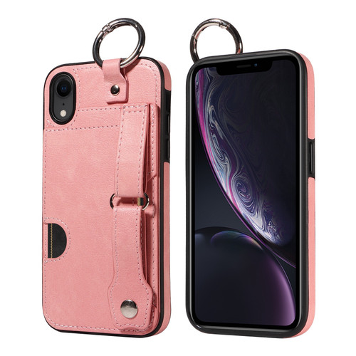 iPhone XR Calf Texture Wrist Card Slot Ring Phone Case - Pink