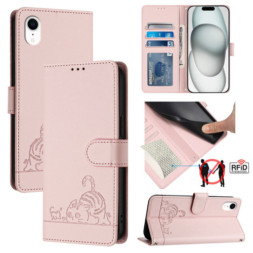 iPhone XR Cat Rat Embossed Pattern RFID Leather Phone Case with Lanyard - Pink