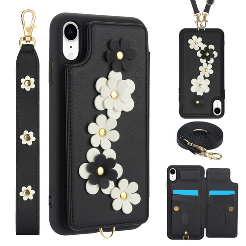 iPhone XR Crossbody Flower Pattern Leather Phone Case - Black