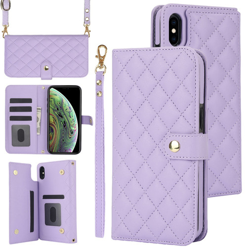 iPhone XR Crossbody Multifunction Rhombic Leather Phone Case - Purple