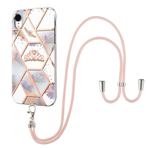 iPhone XR Electroplating Splicing Marble Flower Pattern TPU Shockproof Case with Lanyard - Imperial Crown