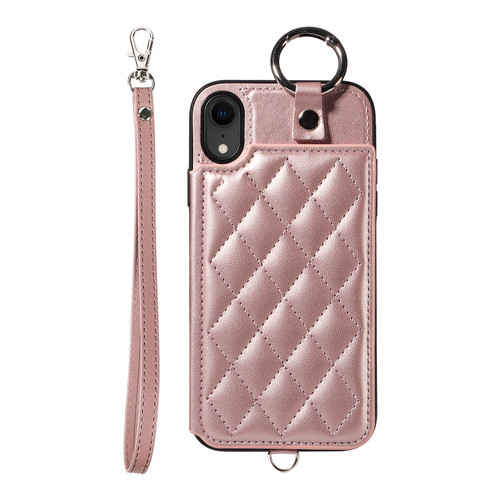 iPhone XR Rhombic Texture Card Bag Phone Case with Short Lanyard - Rose Gold