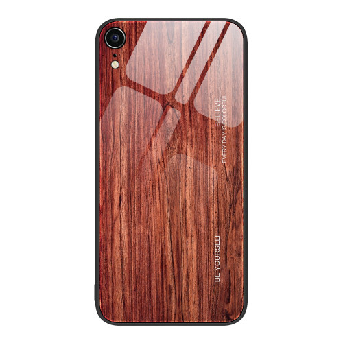 iPhone XR Wood Grain Glass Protective Case - Coffee