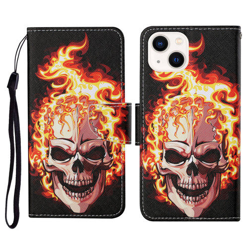 iPhone 14 Plus 3D Colored Drawing Flip Leather Phone Case - Flame Skull