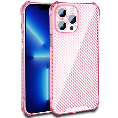 iPhone 14 Plus Carbon Fiber Texture Shockproof Phone Case - Transparent Pink