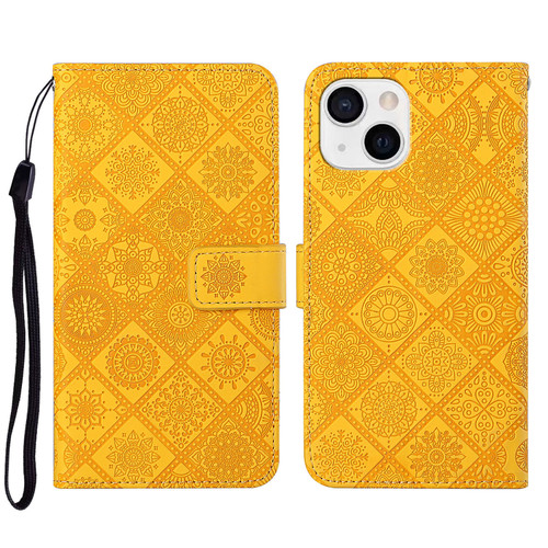 iPhone 14 Plus Ethnic Style Embossed Pattern Leather Phone Case - Yellow