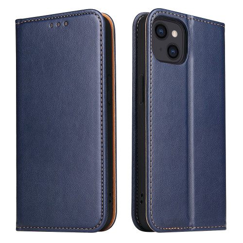 iPhone 14 Plus Fierre Shann PU Genuine Leather Texture Leather Phone Case - Blue