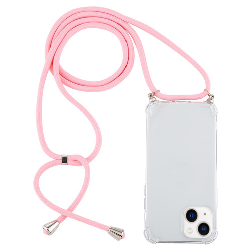 iPhone 14 Plus Four-Corner Shockproof Transparent TPU Case with Lanyard - Light Pink