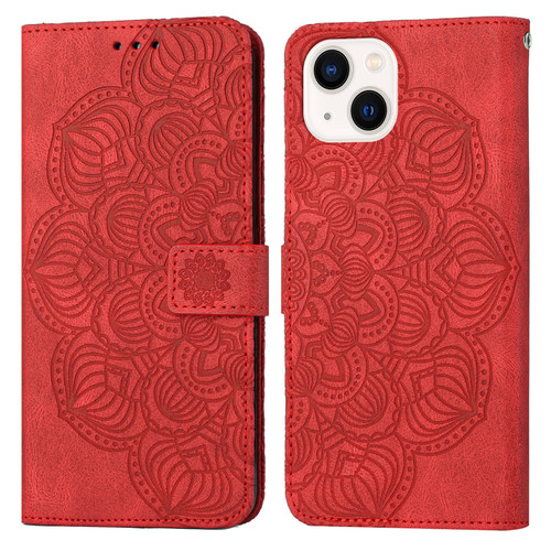 iPhone 14 Plus Mandala Embossed Flip Leather Phone Case - Red