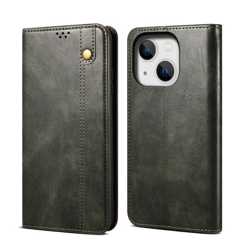 iPhone 14 Plus Simple Wax Crazy Horse Texture Horizontal Flip Leather Case - Dark Green