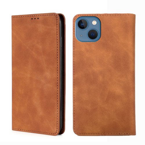 iPhone 14 Plus Skin Feel Magnetic Leather Phone Case - Light Brown