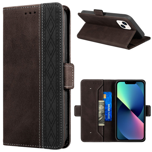 iPhone 14 Plus Stitching Magnetic RFID Leather Case - Coffee