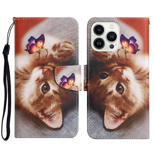 iPhone 16 Pro Max 3D Colored Drawing Flip Leather Phone Case - Butterfly Cat