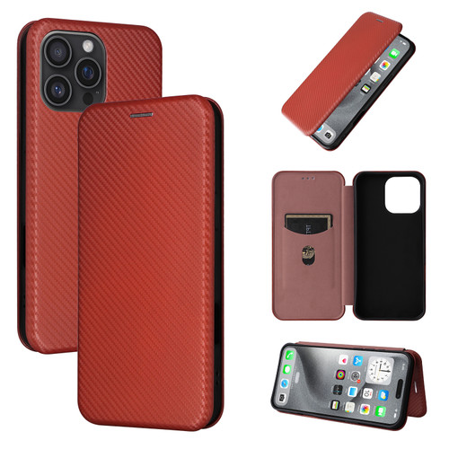 iPhone 16 Pro Max Carbon Fiber Texture Flip Leather Phone Case - Brown