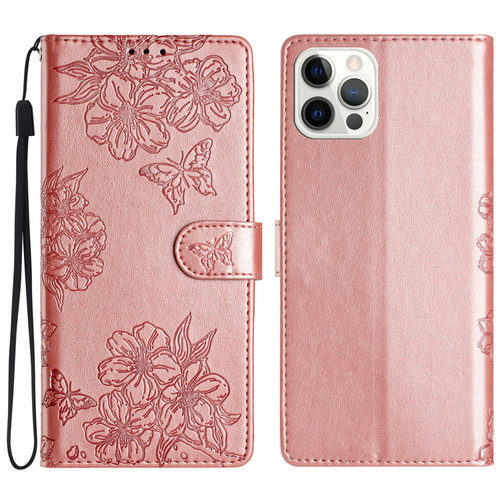 iPhone 16 Pro Max Cherry Blossom Butterfly Skin Feel Embossed PU Phone Case - Rose Gold