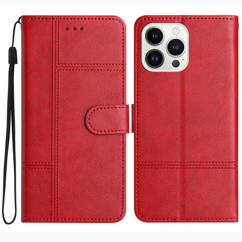 iPhone 16 Pro Max Cowhide Texture Stitching Leather Phone Case - Red