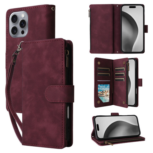 iPhone 16 Pro Max Crossbody Multi-card Slot Wallet Zipper Leather Phone Case - Wine Red