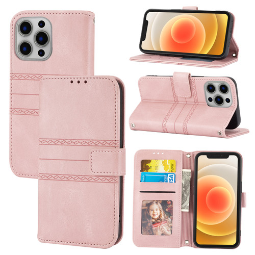 iPhone 16 Pro Max Embossed Stripes Skin Feel Leather Phone Case - Pink