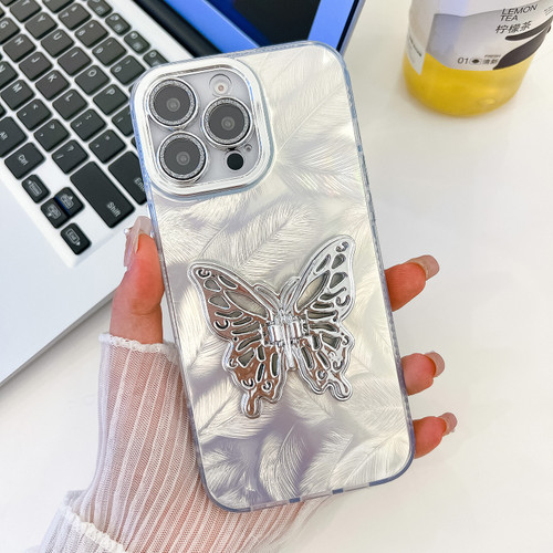 iPhone 16 Pro Max Plating Glitter Texture Butterfly Holder TPU Phone Case with Lens Film - White Feathers