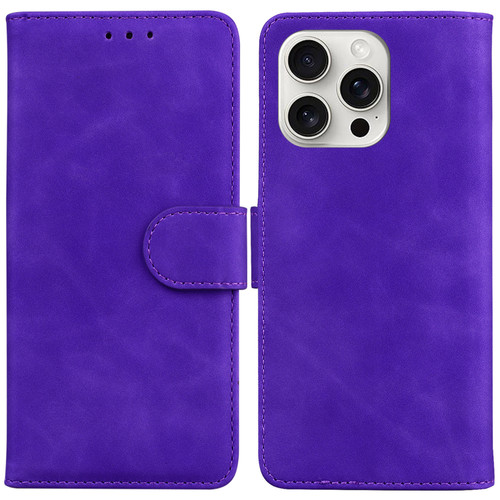 iPhone 16 Pro Max Skin Feel Pure Color Flip Leather Phone Case - Purple