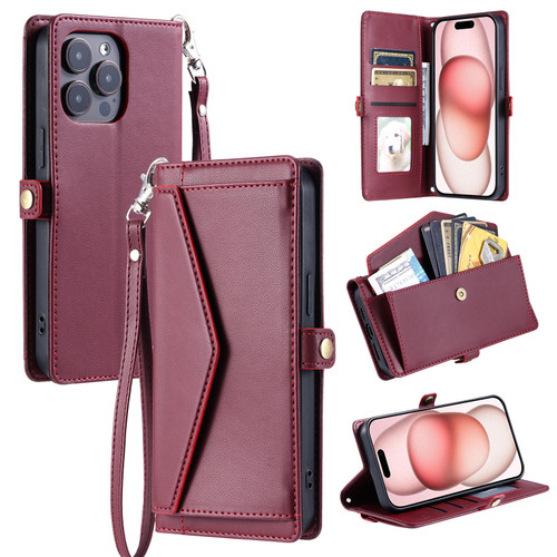 iPhone 16 Pro Max Wallet Multi-card Slot Leather Phone Case - Wine Red