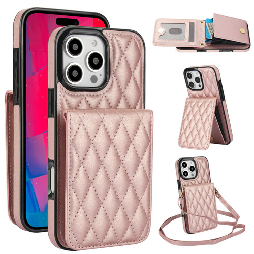 iPhone 16 Pro Max YM015 Crossbody Rhombic Card Bag RFID Phone Case - Rose Gold