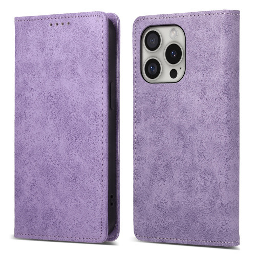 iPhone 16 Pro Business Solid Color Magnetic RFID Leather Phone Case - Purple