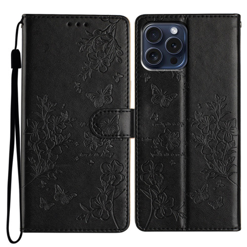 iPhone 16 Pro Butterflies and Flowers Leather Phone Case - Black