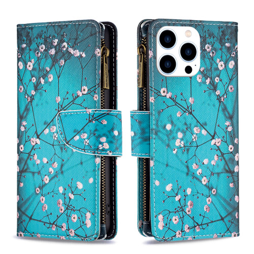 iPhone 16 Pro Colored Drawing Pattern Zipper Phone Leather Case - Plum Blossom