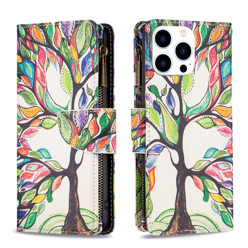 iPhone 16 Pro Colored Drawing Pattern Zipper Phone Leather Case - Tree