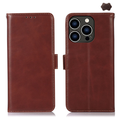 iPhone 16 Pro Crazy Horse Top Layer Cowhide Leather Phone Case - Brown