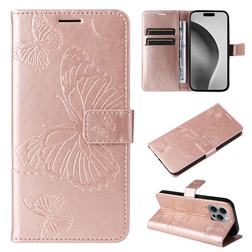 iPhone 16 Pro Max 3D Butterfly Embossed Pattern Flip Leather Phone Case - Rose Gold