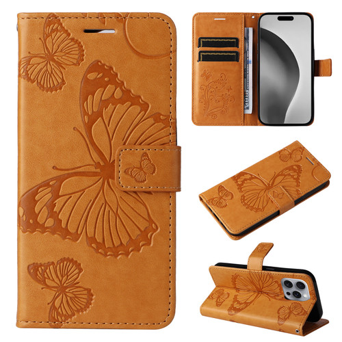 iPhone 16 Pro Max 3D Butterfly Embossed Pattern Flip Leather Phone Case - Yellow