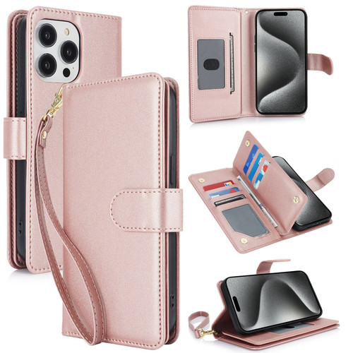 iPhone 16 Pro Multi-Card Wallet RFID Leather Phone Case - Rose Gold