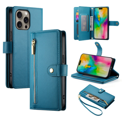 iPhone 16 Pro Nine Card-slot Zipper Wallet Bag Leather Phone Case - Blue