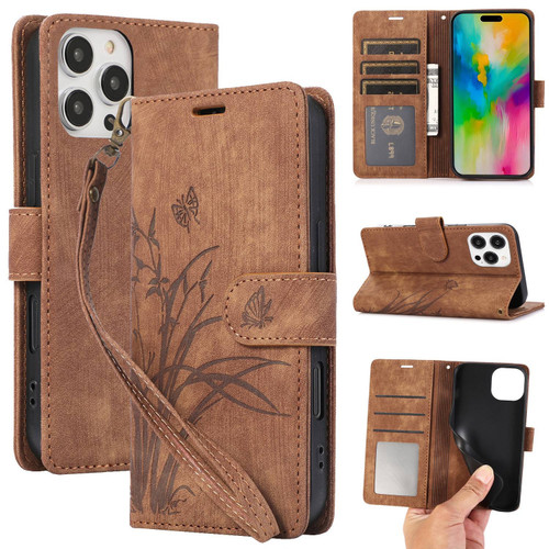 iPhone 16 Pro Orchid Butterfly Embossed Leather Phone Case - Brown