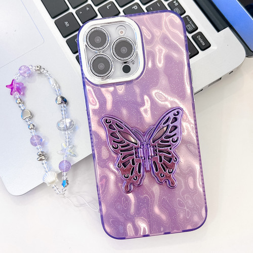 iPhone 16 Pro Plating Glitter Lens Film Texture Butterfly Holder Wristband Phone Case - Purple Wrinkles