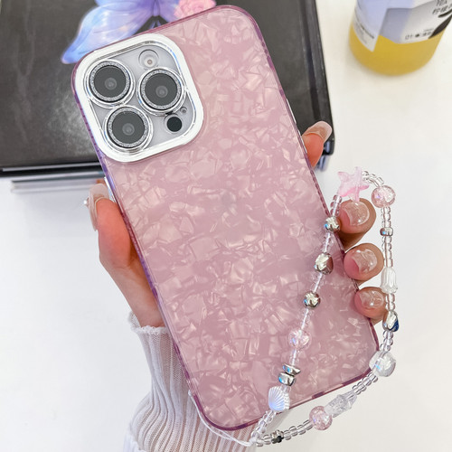 iPhone 16 Pro Plating Glitter Texture Chain Wristband TPU Phone Case with Lens Film - Pink Shell Pattern