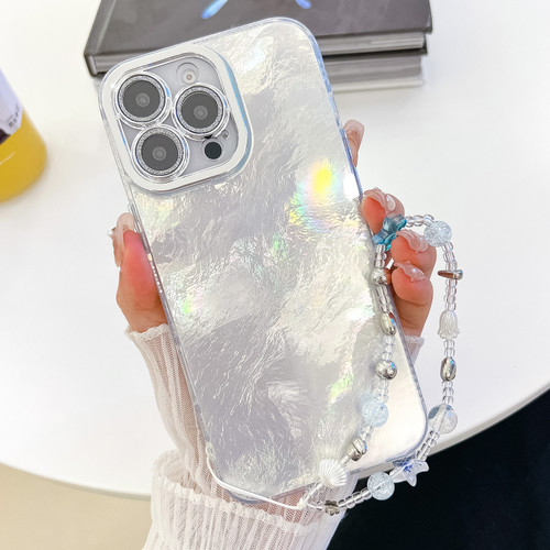 iPhone 16 Pro Plating Glitter Texture Chain Wristband TPU Phone Case with Lens Film - White Tinfoil Texture