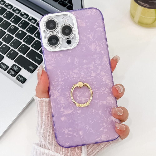 iPhone 16 Pro Plating Glitter Texture Ring Holder TPU Phone Case with Lens Film - Purple Shell Pattern