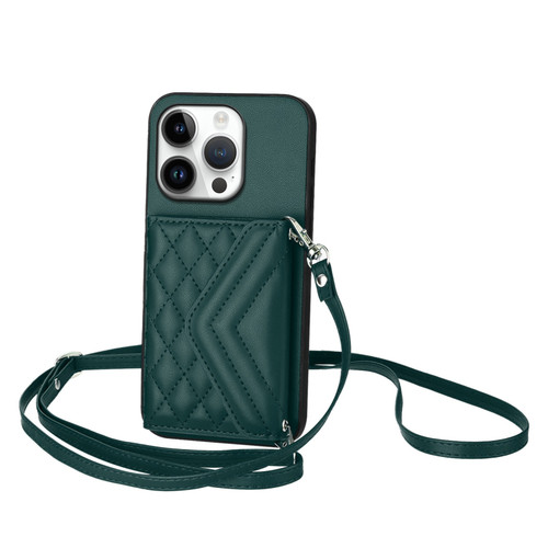 iPhone 16 Pro Rhombic Texture Card Bag RFID Phone Case with Long Lanyard - Green