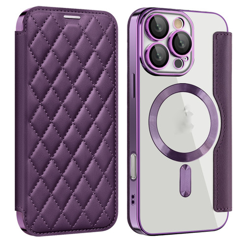 iPhone 16 Pro Shield Magsafe RFID Anti-theft Rhombus Leather Phone Case - Purple