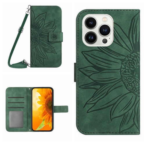 iPhone 16 Pro Skin Feel Sun Flower Embossed Flip Leather Phone Case with Lanyard - Green