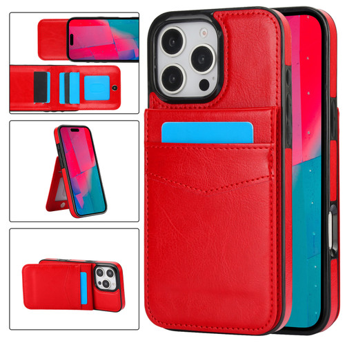 iPhone 16 Pro Solid Color Card Slots Bracket PU Phone Case - Red