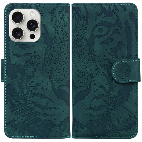 iPhone 16 Pro Tiger Embossing Pattern Leather Phone Case - Green