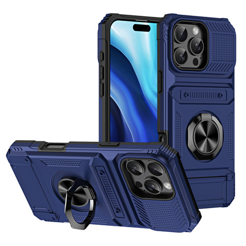 iPhone 16 Pro TPU+PC Shockproof Card Phone Case with Metal Ring Holder - Blue